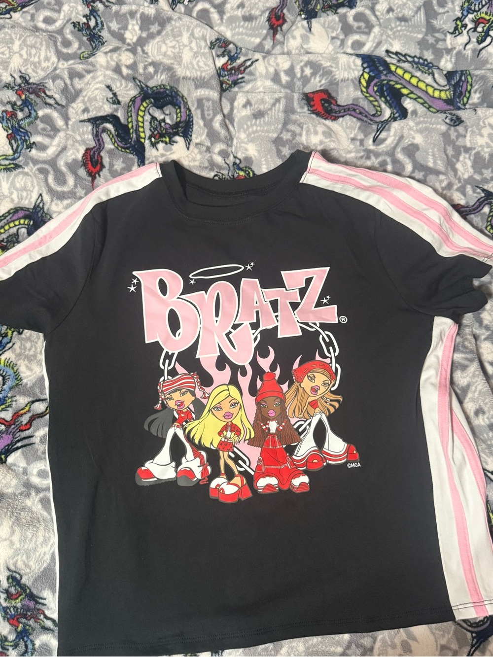 Bratz Girls Black Graphic Tee with Pink Stripes